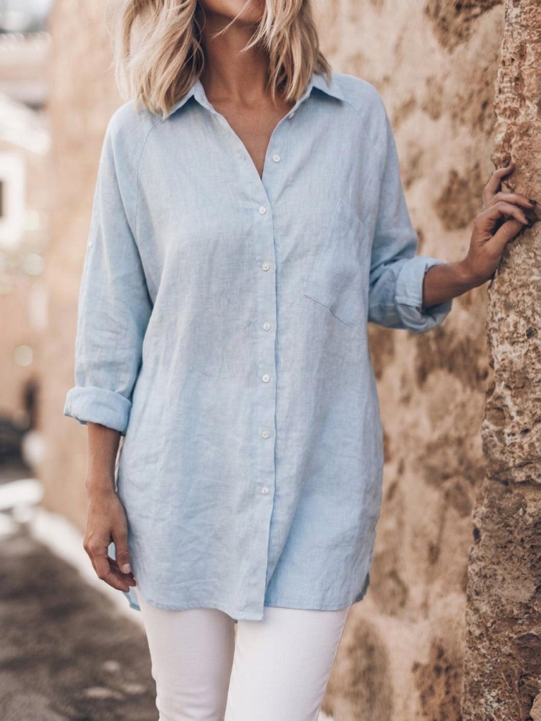 relaxed oversized cotton linen shirt with dropped shoulders and back pleat detail
