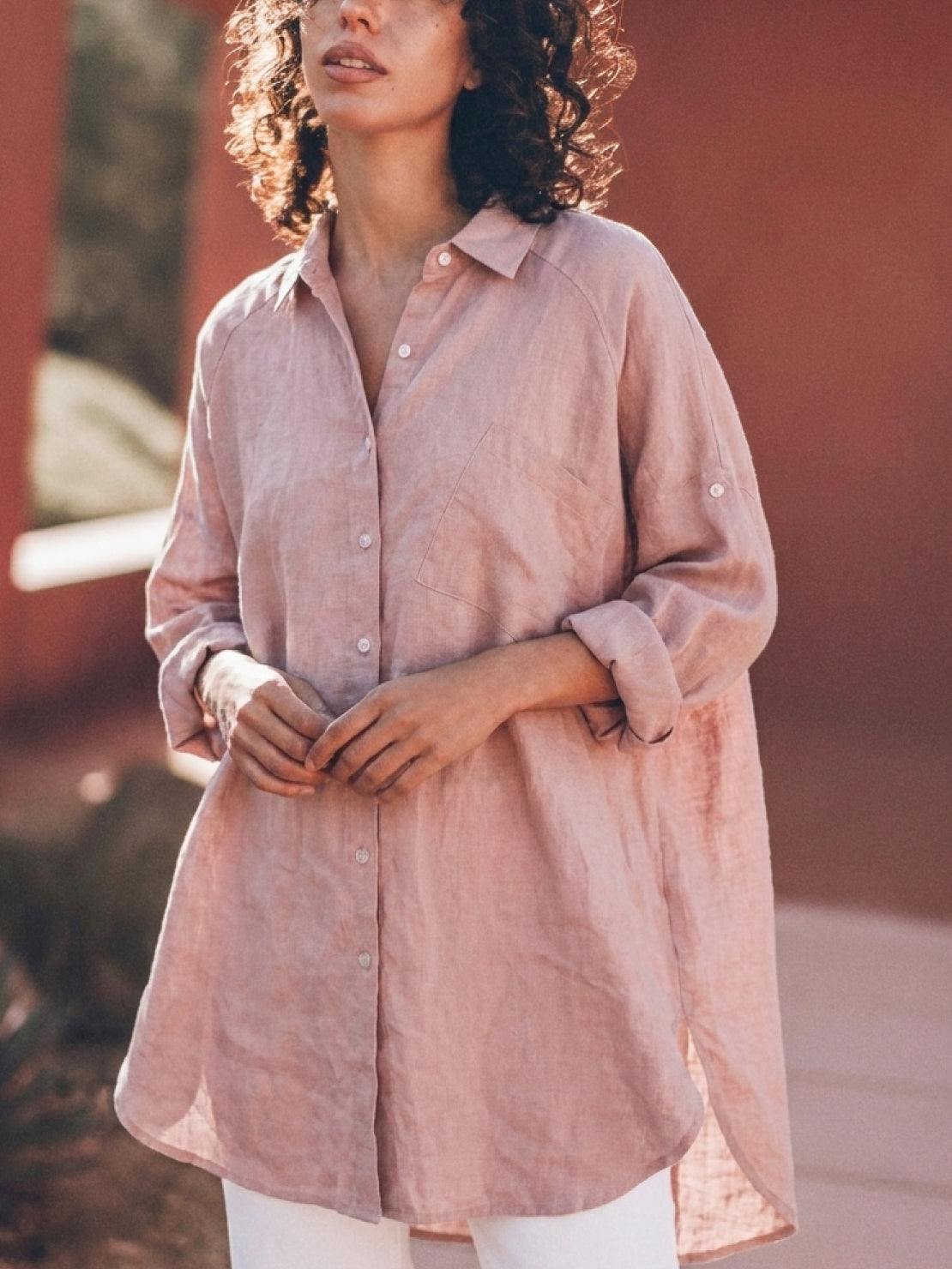 relaxed oversized 100% cotton linen shirt with dropped shoulders and back pleat detail on white background