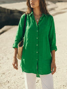 oversized relaxed cotton linen button-up shirt with dropped shoulders and back pleat detail