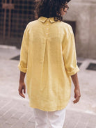 oversized relaxed cotton linen shirt with dropped shoulders and signature back pleat detail