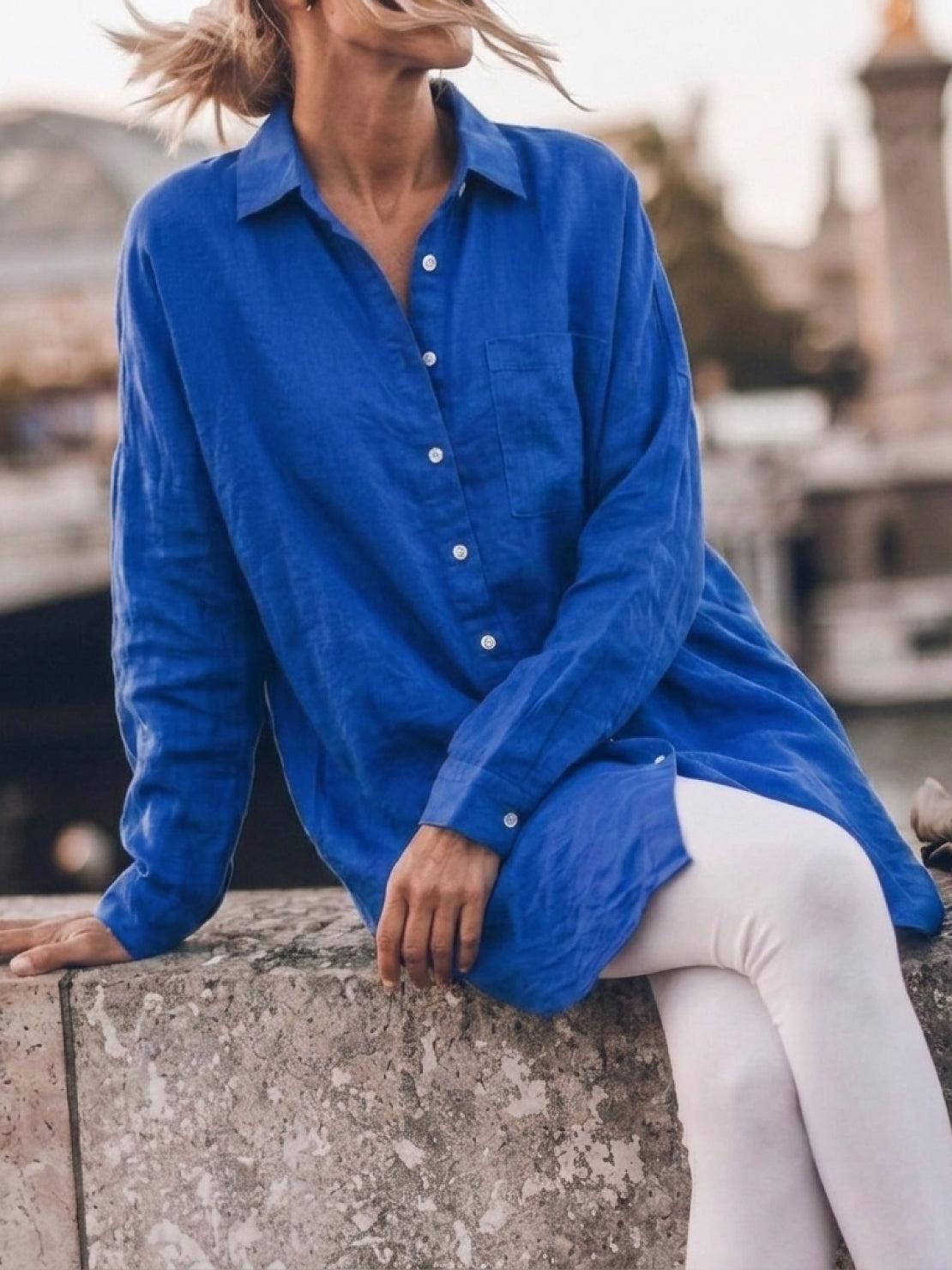 oversized relaxed cotton linen shirt with dropped shoulders and back pleat detail