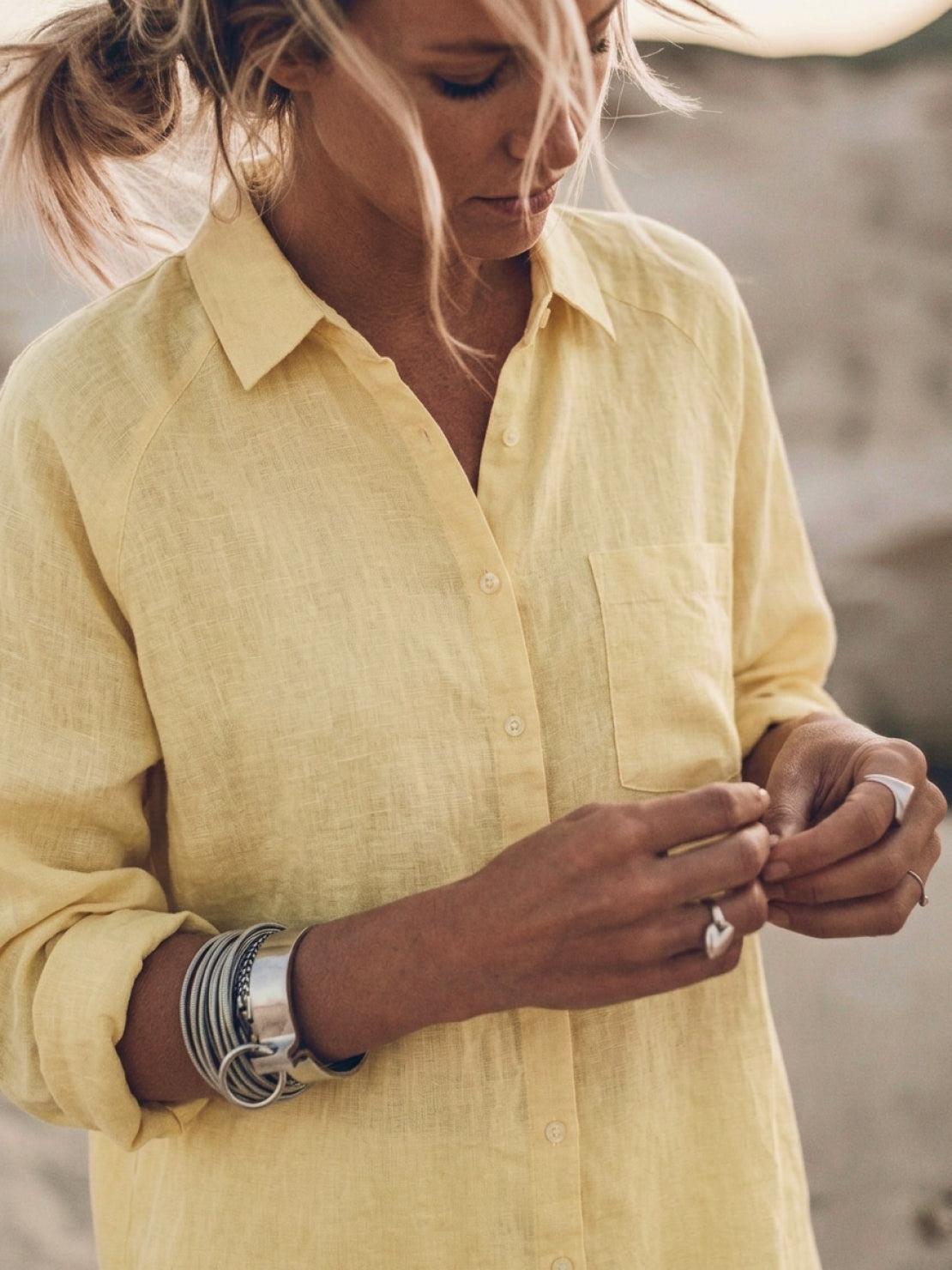 relaxed oversized 100% cotton linen shirt with dropped shoulders and back pleat detail