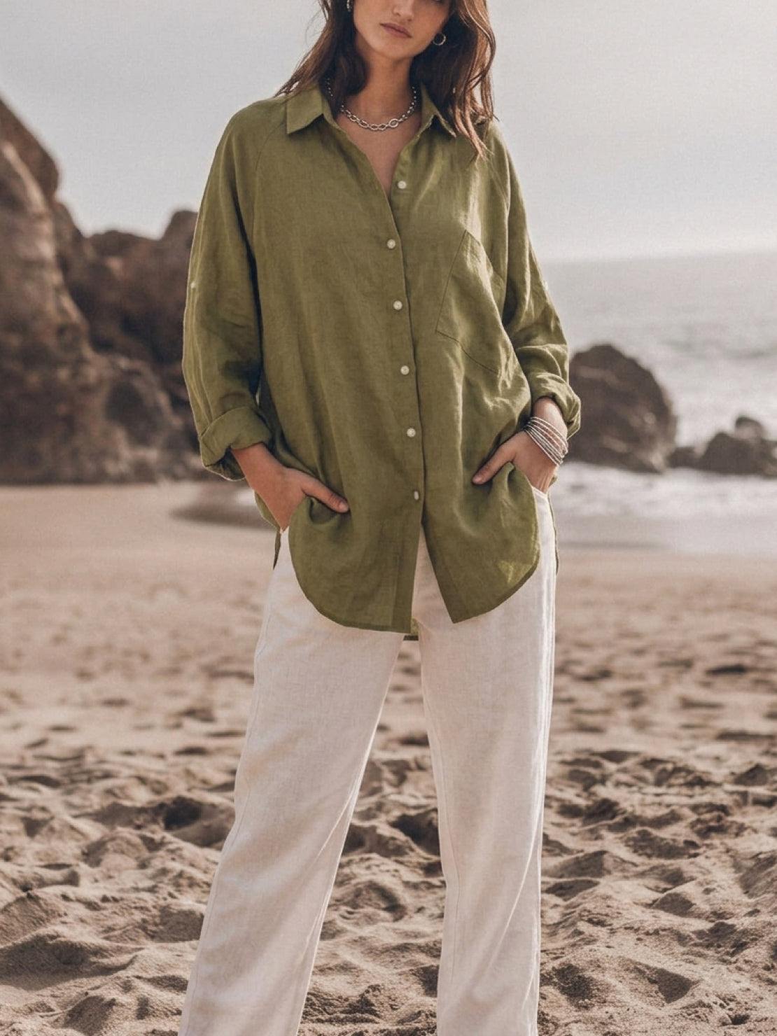relaxed oversized 100% cotton linen shirt with dropped shoulders and back pleat detail