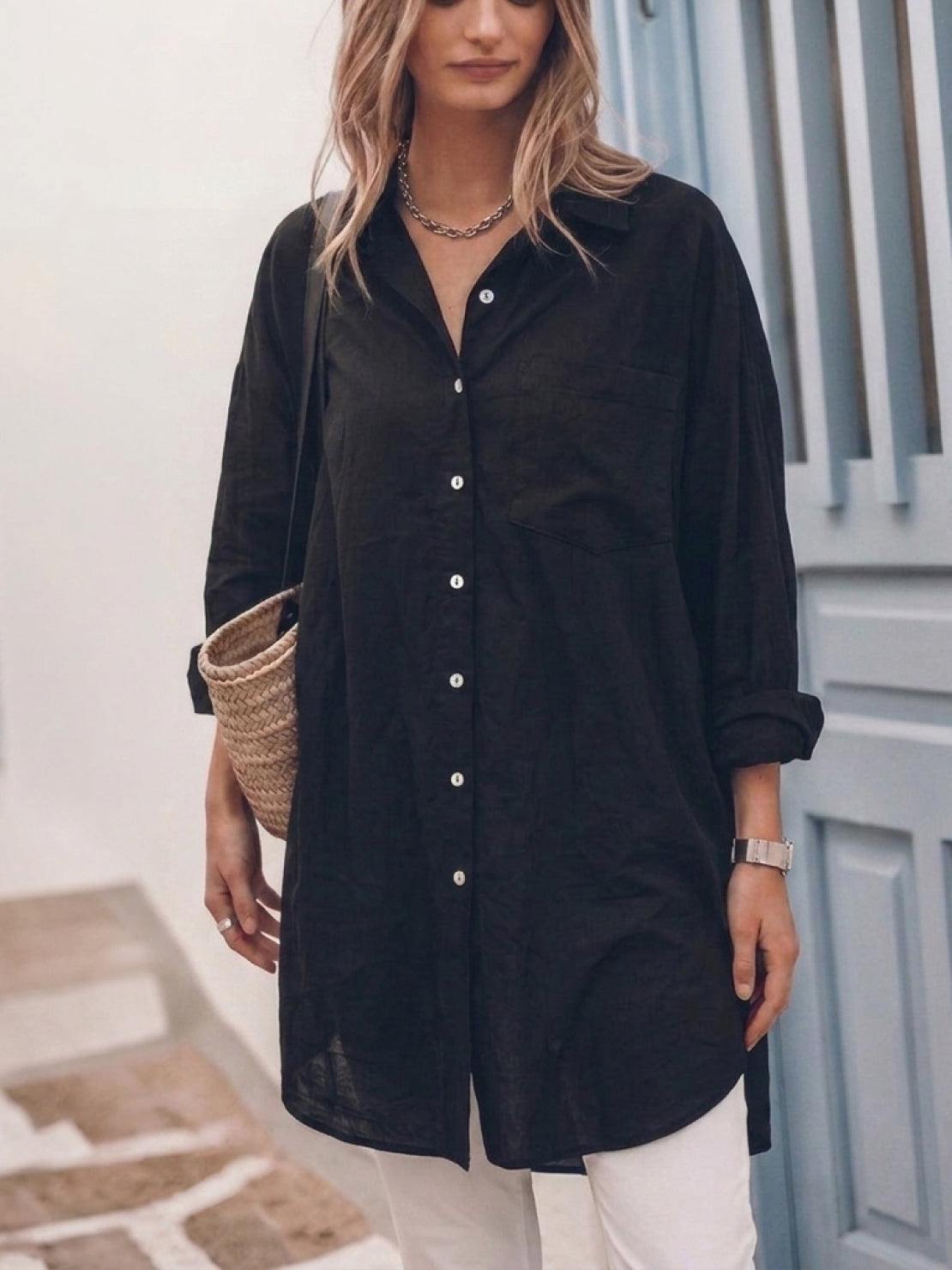 oversized 100% cotton linen shirt with relaxed fit, dropped shoulders, and signature back pleat detail