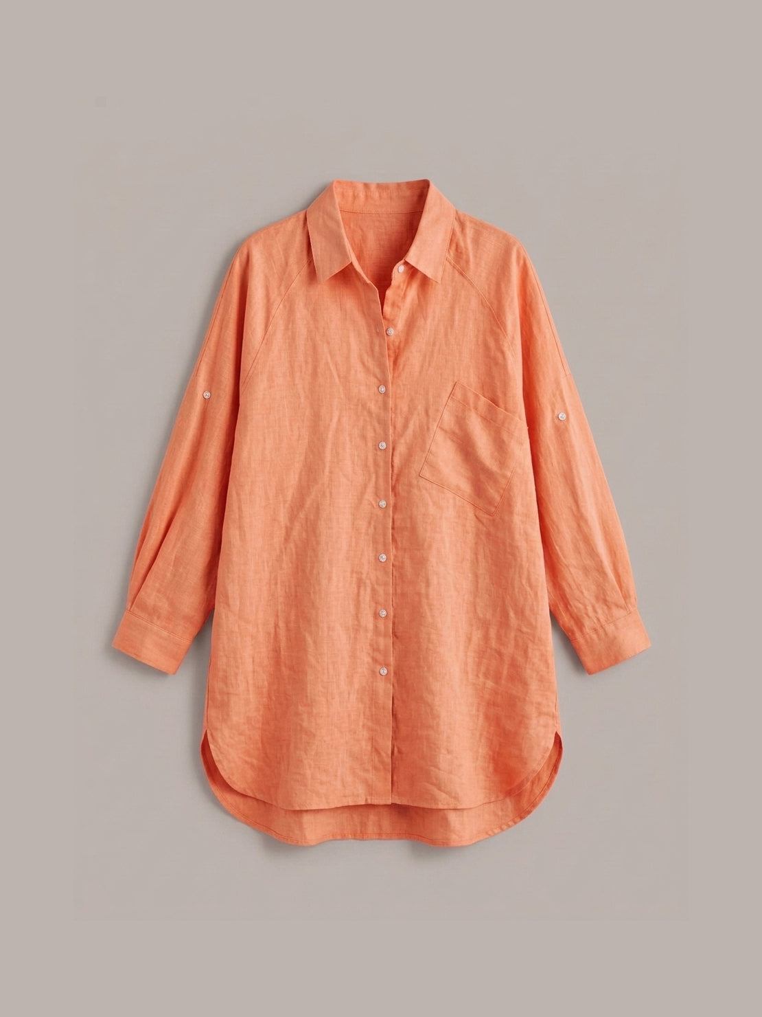 relaxed oversized 100% cotton linen shirt with dropped shoulders and signature back pleat detail