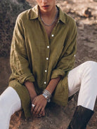 oversized relaxed cotton linen shirt with dropped shoulders and back pleat detail