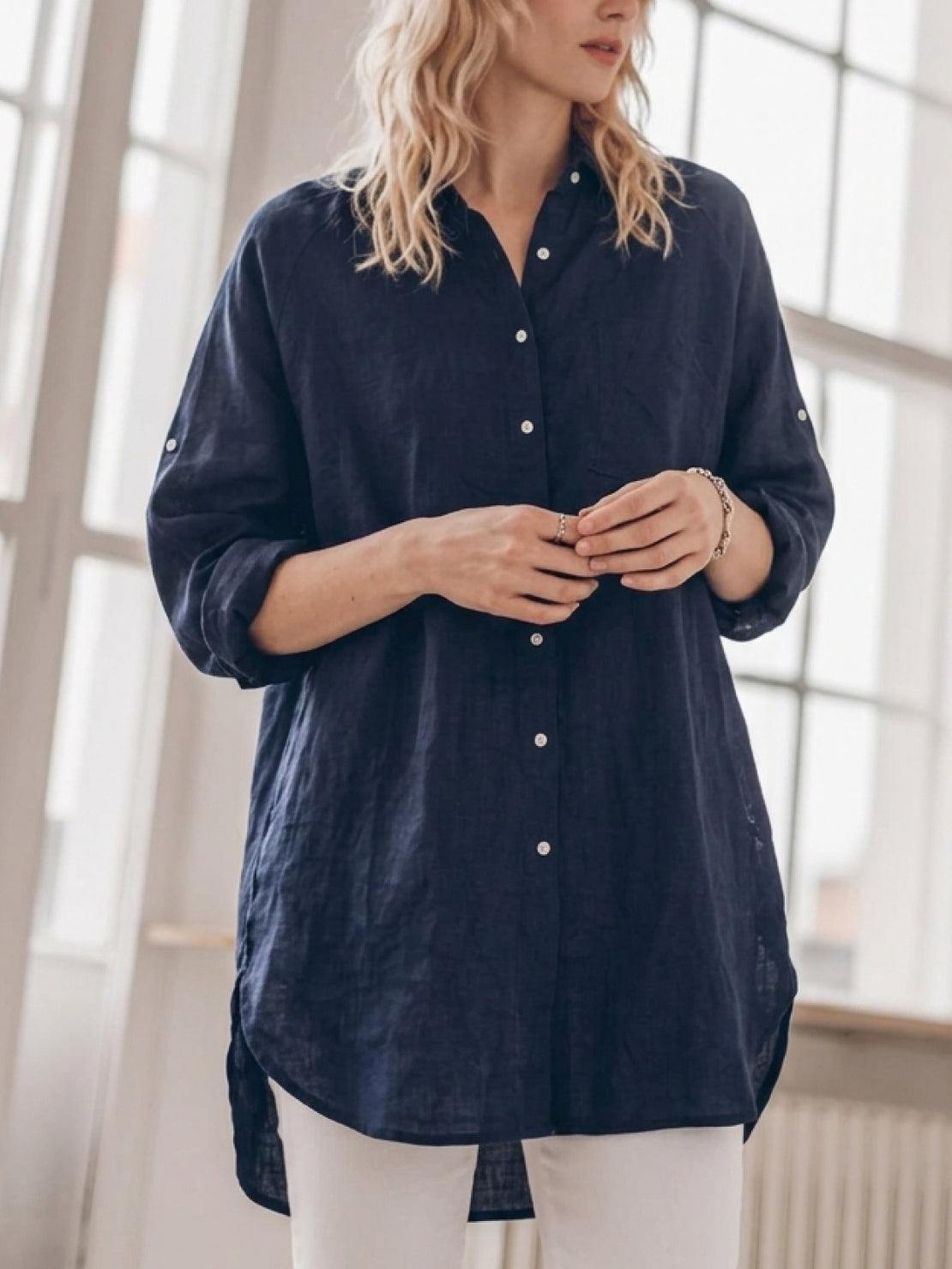 relaxed oversized 100% cotton linen shirt with dropped shoulders and signature back-pleat detail
