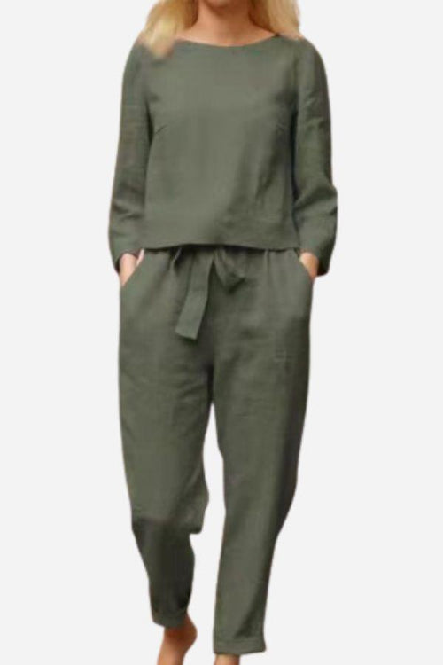 100 cotton linen monochrome olive green two-piece women's lounge set