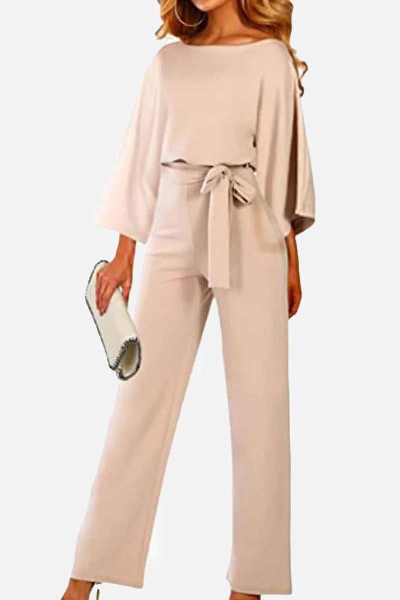 Casual Long Sleeve Belted Jumpsuit