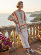 Coastal Comfort Linen two-piece set with lace details and wide-leg pants on white background