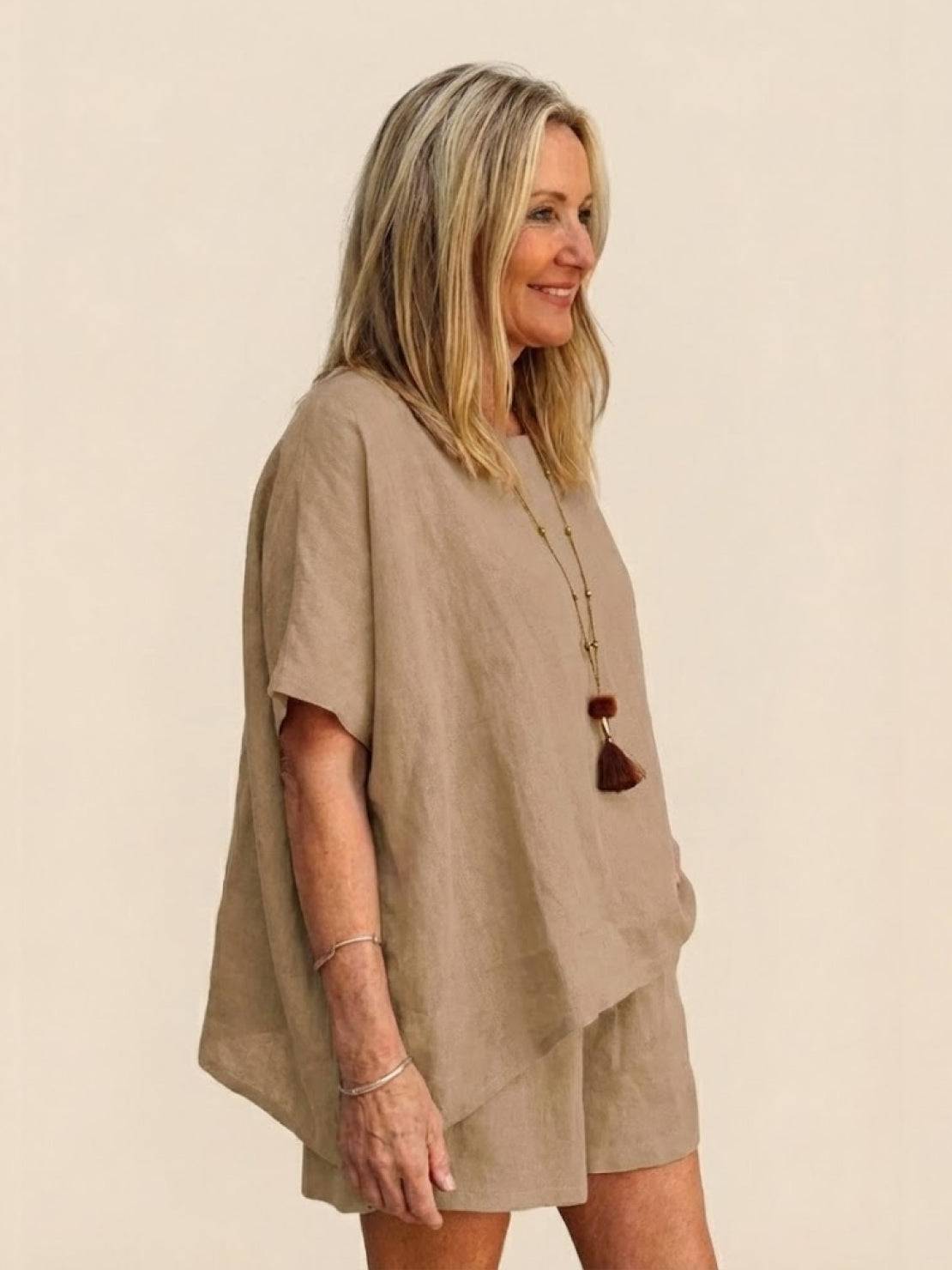 Comfy linen-like shirt and shorts two-piece set in breathable fabric for versatile casual and smart wear