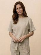 Cotton-linen blend monochrome two-piece set with breathable soft fabric and relaxed fit