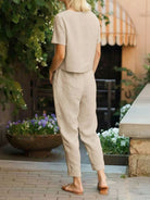 Cotton-linen blend monochrome two-piece set with breathable, soft fabric and relaxed fit for warm weather comfort
