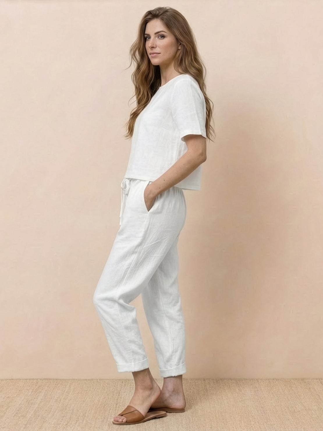 Cotton-linen blend monochrome two-piece set with breathable, soft fabric and relaxed fit