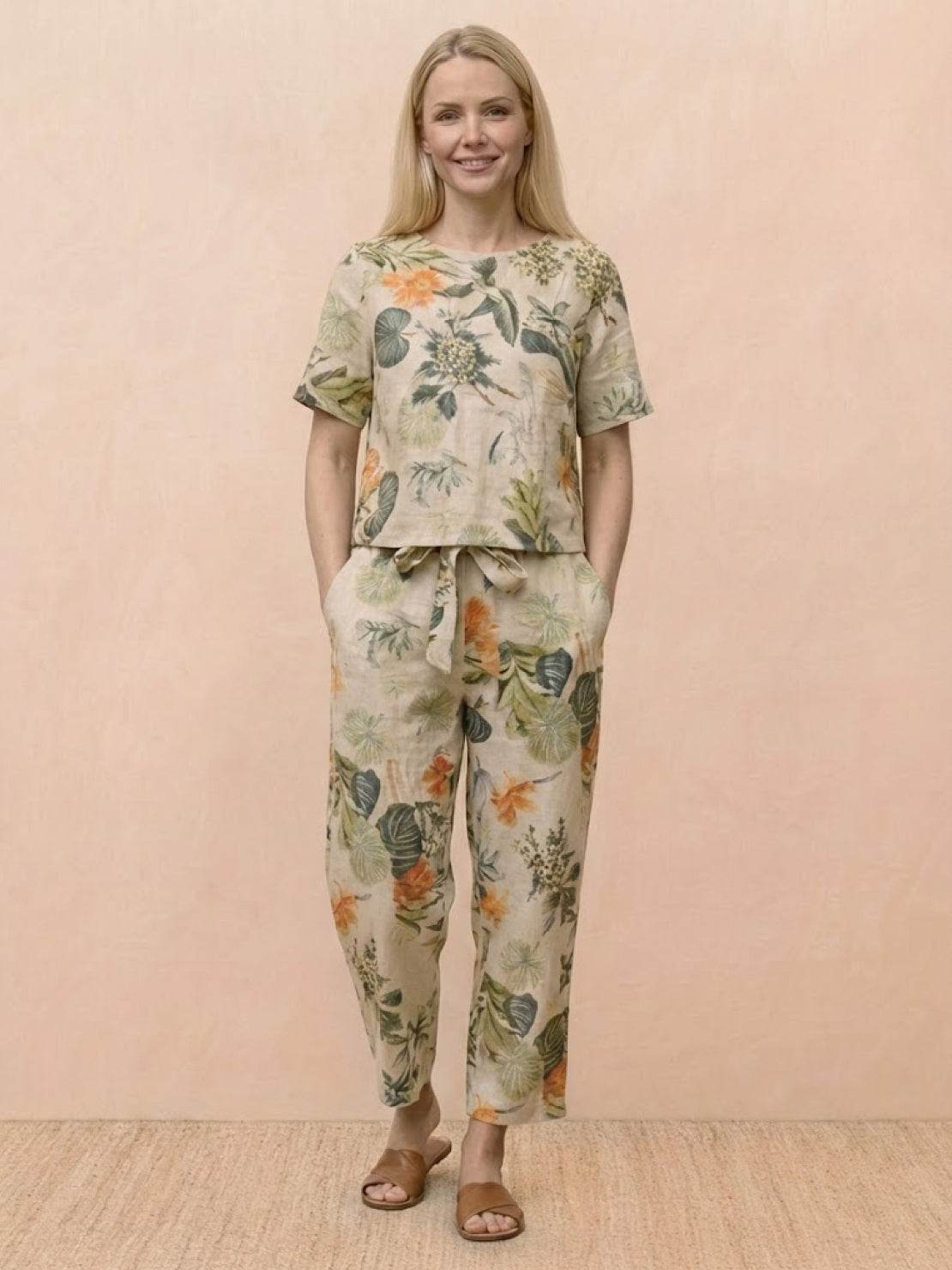 Cotton-linen blend breathable two-piece set in monochrome with relaxed fit and soft texture