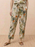Cotton linen monochrome straight-leg pants with adjustable drawstring waist and natural texture