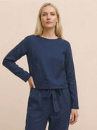 Cotton-linen monochrome relaxed longline top and wide-leg pants set with natural crumple design