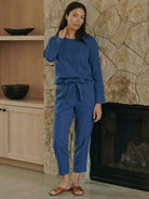 Cotton-linen monochrome relaxed longline top and wide-leg pants set displayed on model