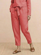 Cotton-linen monochrome longline top and wide-leg pants set