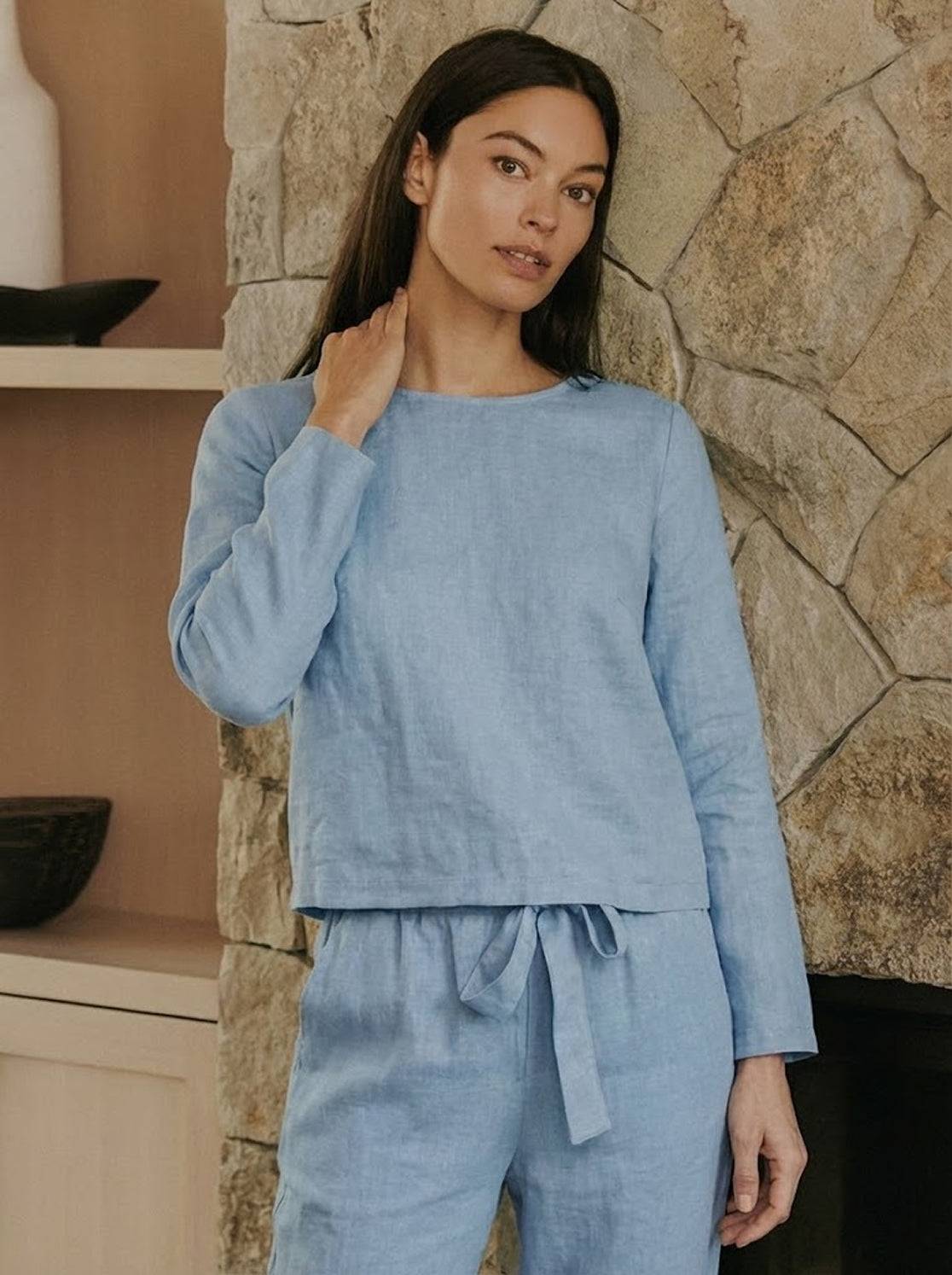 Model wearing Cotton-Linen Monochrome relaxed longline top and wide-leg pants set in minimalist monochrome style