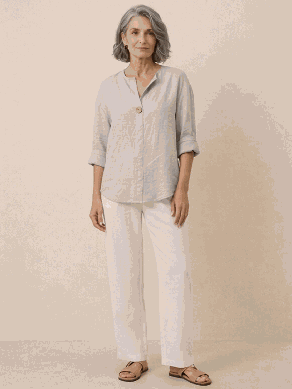 pure linen age-defying shirt with button detail on white background