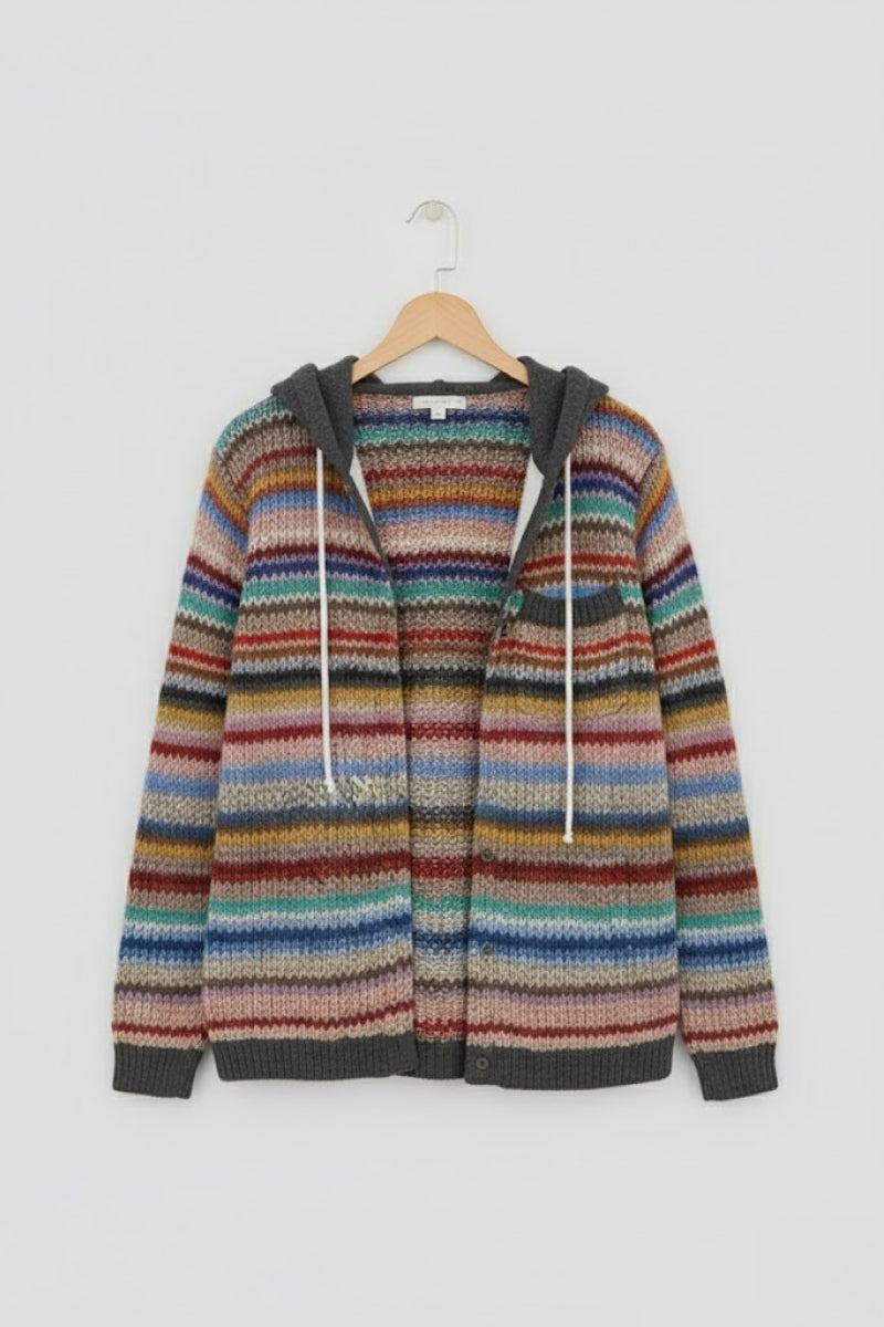 Highland Plaid Shacket with hood and button-front closure in multicolor striped pattern