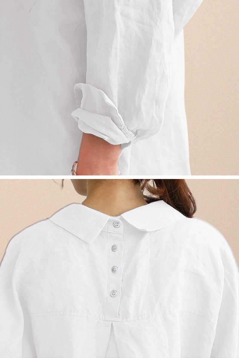 Close-up of oversized white linen shirt sleeve and back with button details showcasing relaxed fit and breathable fabric design
