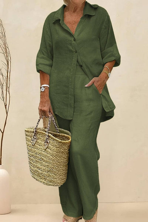 Oversized 100% cotton shirt with wide-leg pants co-ord set in olive green, breathable and relaxed fit.