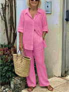 Oversized 100% cotton shirt with wide-leg pants co-ord set in breathable fabric