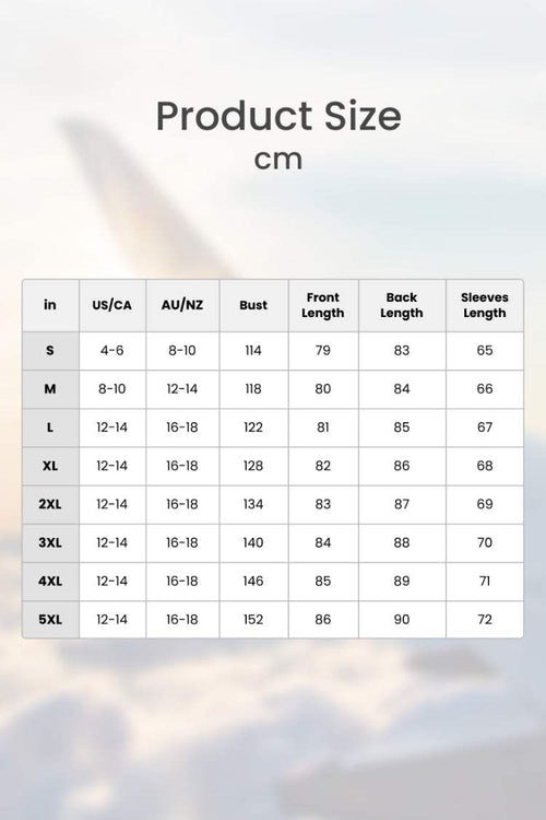 Oversized linen shirt size chart with bust, front length, back length, and sleeve measurements in cm for sizes S to 5XL