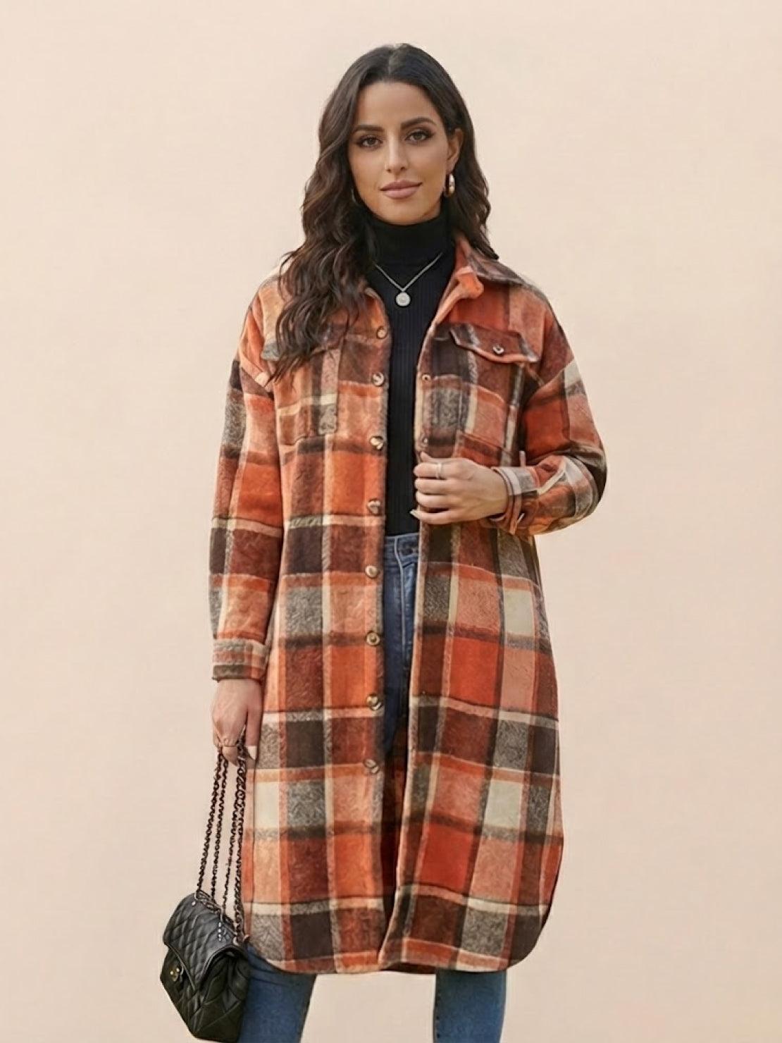 Oversized medium-length blue plaid wool-blend overshirt jacket with relaxed fit and functional pockets