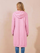 Back view of oversized long zip sweatshirt hoodie in pink with hood and long sleeves