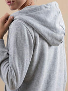 Light gray oversized long zip sweatshirt hoodie with fleece lining and hood, shown from the back.