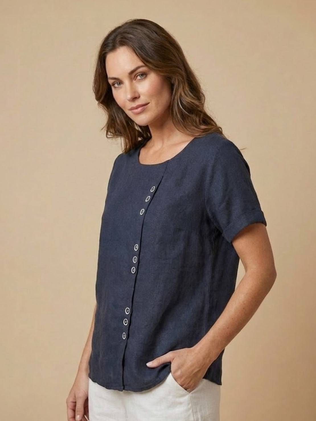Relaxed Fit Linen Button-Up Tee lightweight breathable cotton linen shirt with stylish buttons and short sleeves