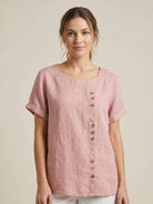 Relaxed Fit Linen Button-Up Tee in breathable cotton with stylish buttons and loose fit