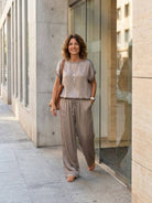 Silken Escape satin two-piece set with slim top and wide-leg pants in flowing satin fabric