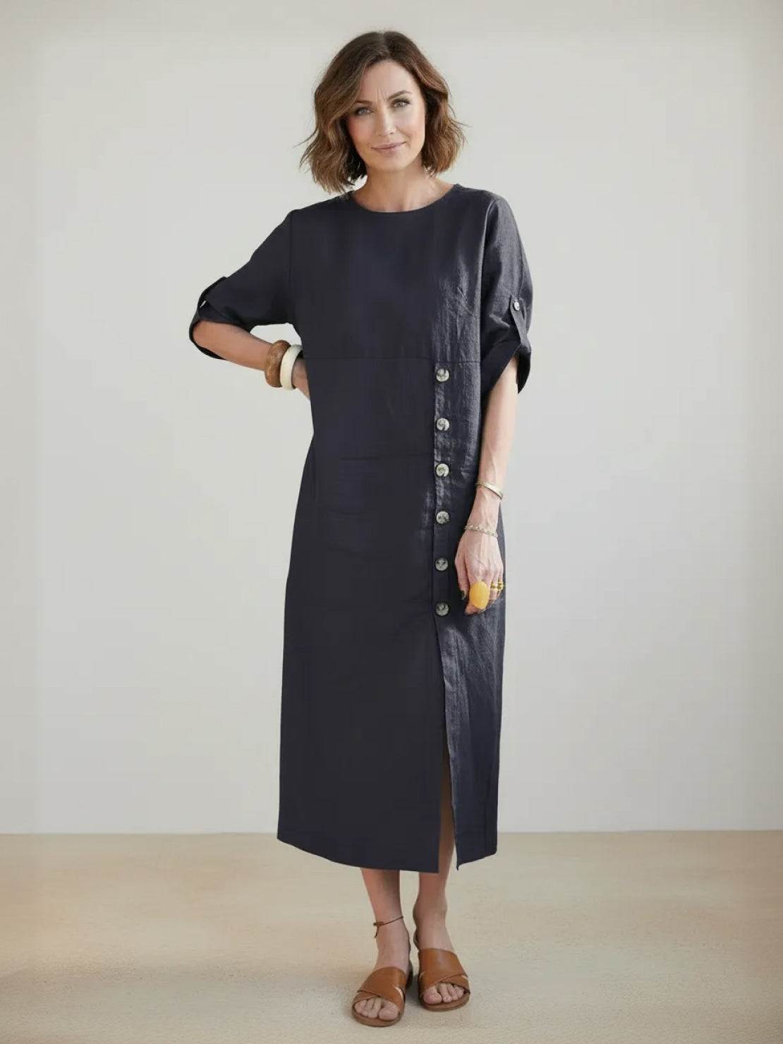 Pure Cotton Elegance dress in soft, breathable 100% cotton fabric perfect for year-round wear and travel.