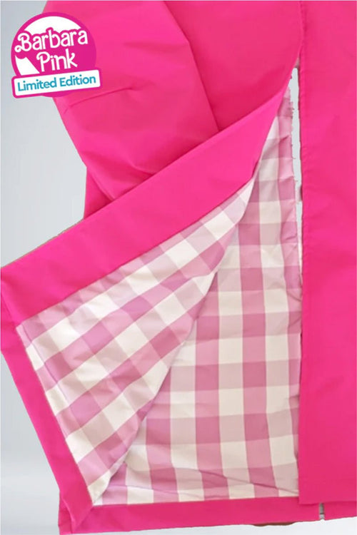 Bright pink Rain Couture Windbreaker with checkered inner lining, limited edition Barbara Pink design