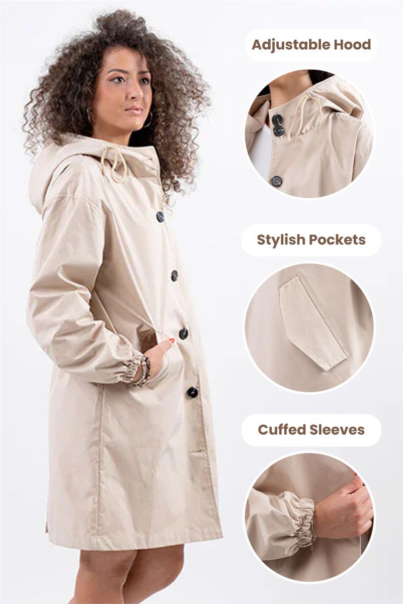 Beige Rain Couture Windbreaker with adjustable hood, stylish pockets, and cuffed sleeves on female model