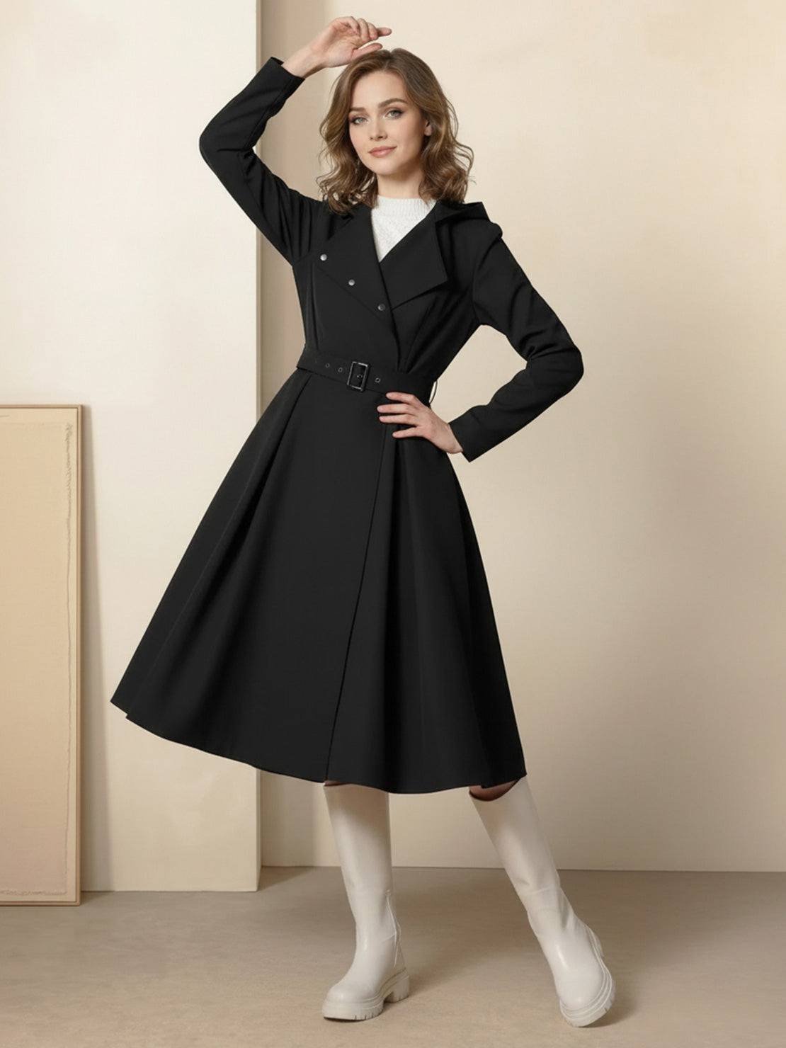 Elegant women's water-repellent A-line hooded raincoat with matching belt and insulated lining