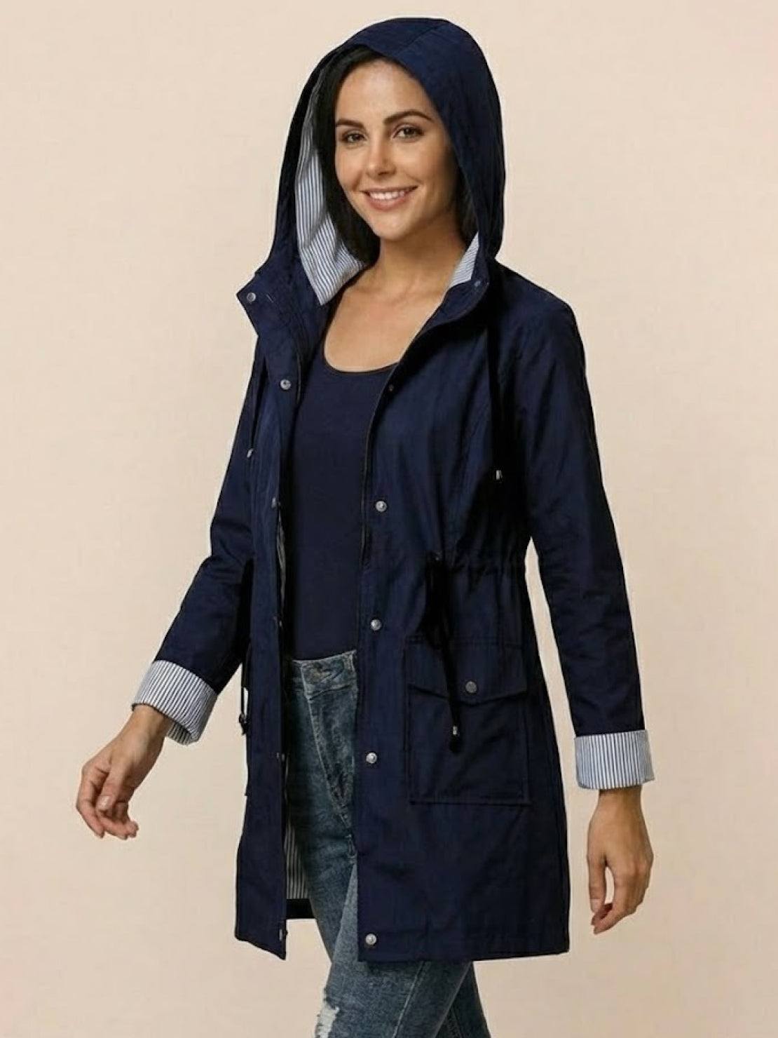 women's water resistant windbreaker hooded striped rain jacket navy blue lightweight
